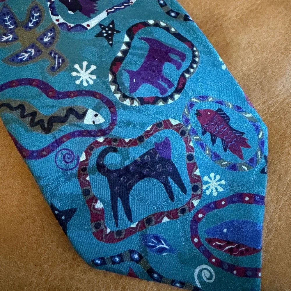 Seigo New York Silk Tie Mens OS Teal Animal Print Whimsical Art Deco Japan 13